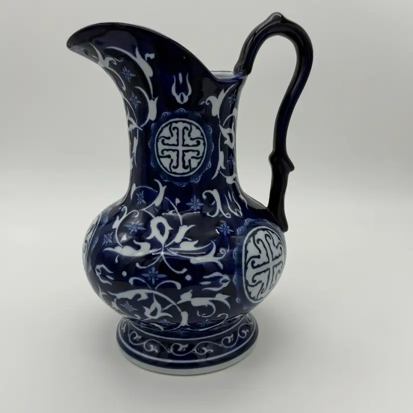 Large Bombay Asian Garden Chinoiserie Pitcher Deep Cobalt Blue W/Arched Handle