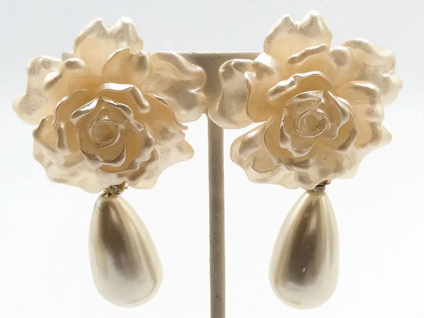 Vintage Creme Floral and Faux Pearl Drop Clip-On Earrings