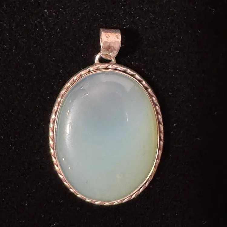 Oval Aqua Chalcedony Stone Pendant 1.5” Long X 1.25” Wide (Not Sure If Sterling)