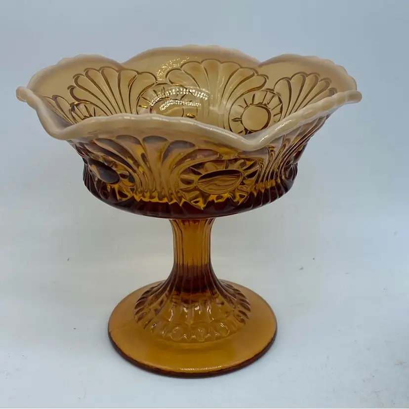 #1108 Fenton 1960s Scroll And Eye Chocolate Caramel Opal Rim Small Compote