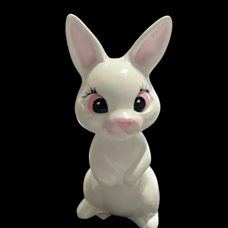 Pair Of Two Vintage Mold 4.5” Ceramic Bunnies Easter Bunny Rabbit Holiday One Decorated Both Glazed In Great Condition Signed GM