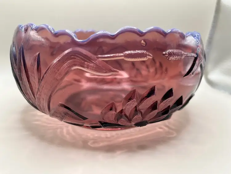 #02 Antique Fenton Amethyst Opalescent Art Glass Bowl ~ Waterlily and Cattail Pattern