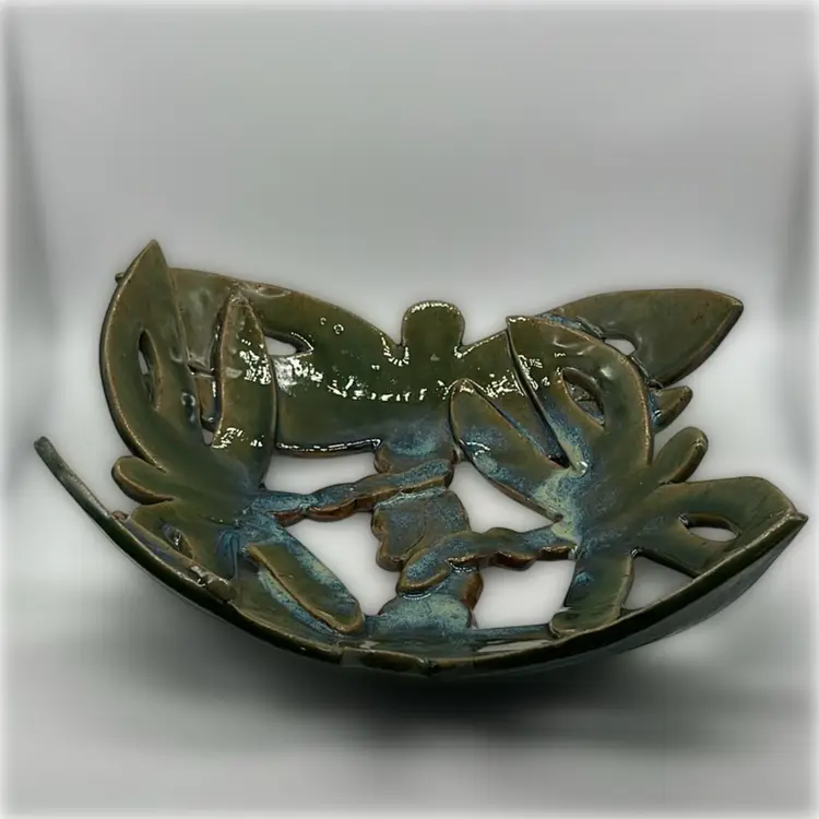 Dragonfly Pottery Dish Green w/ Blue Glaze | (**read) 14” At Widest