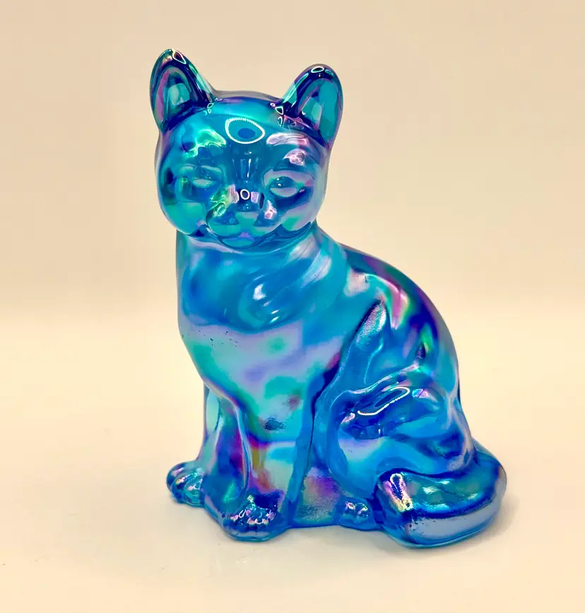 Fenton Glass Cat Iridescent Blue