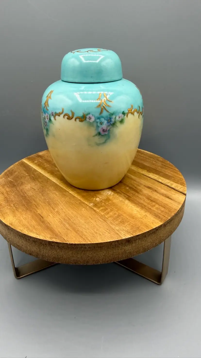 Vintage Hand-Painted Ginger Jar Signed Nita Harris 1950 - Turquoise & Gold Lidded Urn