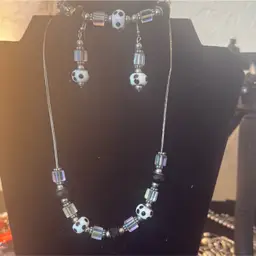 Black And White Glass Beads Necklace Bracelet, And Earrings Set