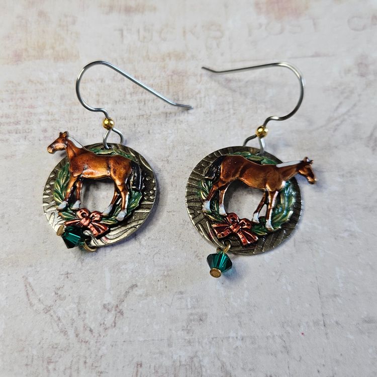 Silver Forest Running Horse Drop Earrings Wreath Christmas