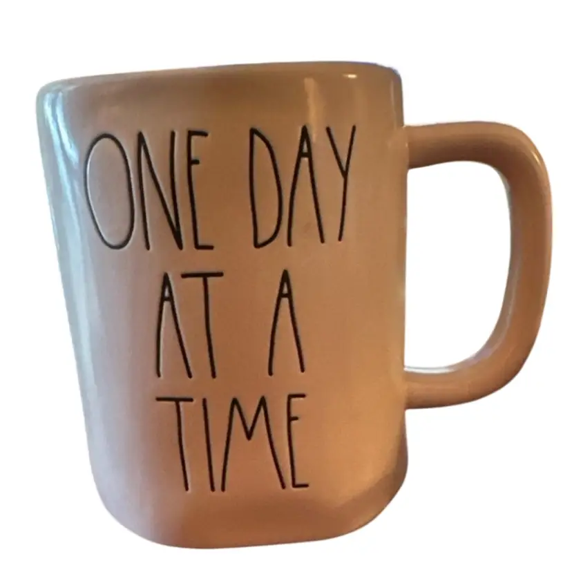 Rae Dunn Artisan Collection Magenta “One Day At A Time” Soft Pink Coffee Mug Ex Cond