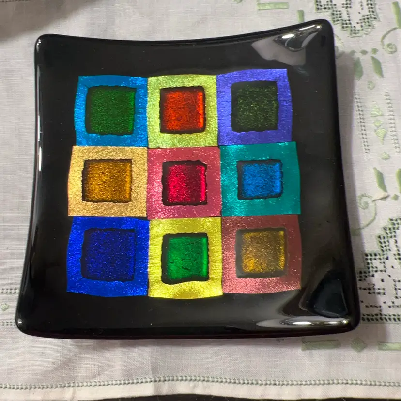 Black With Colorful Dichroic Fused Glass Art Dish 2010 Signed Color Blocks Dish Hand Made Signed 6.5” x 6.5”