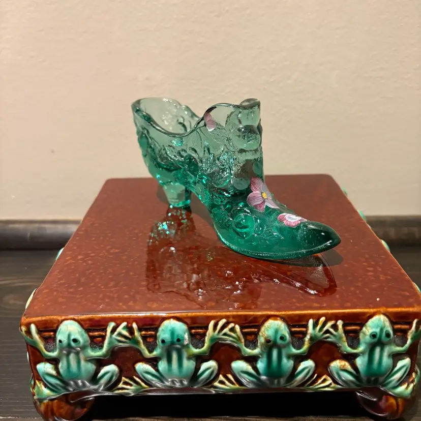 reserved for mamachic Fenton Cabbage Rose Hand Painted Green Slipper/Shoe. Michael Fenton