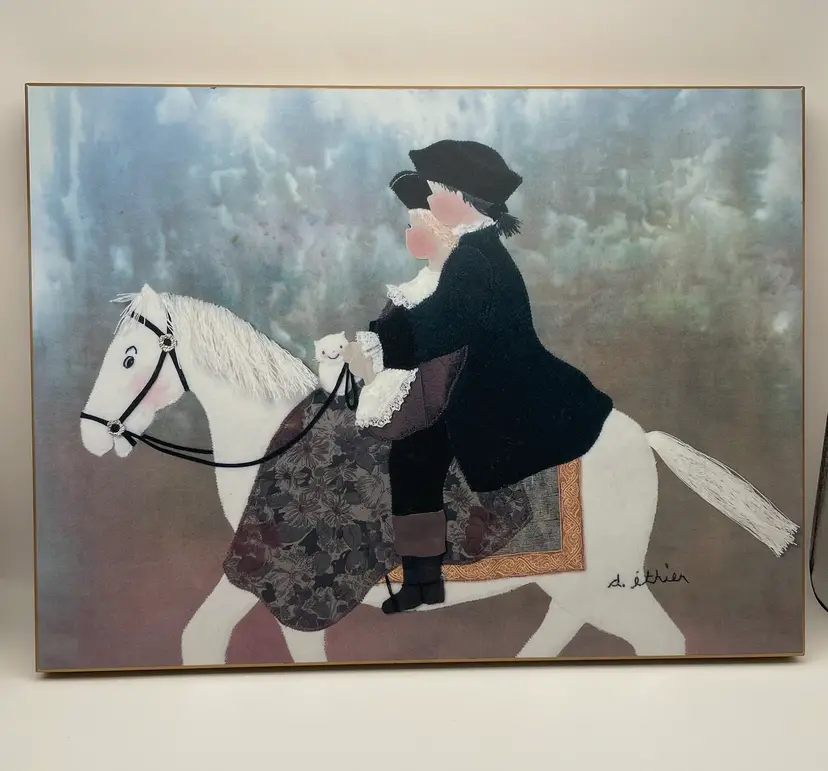 Diane Ethier Print, Young Couple On Horse With Smiling Kitty, 11.14” X 15.14”. Nice Condition!