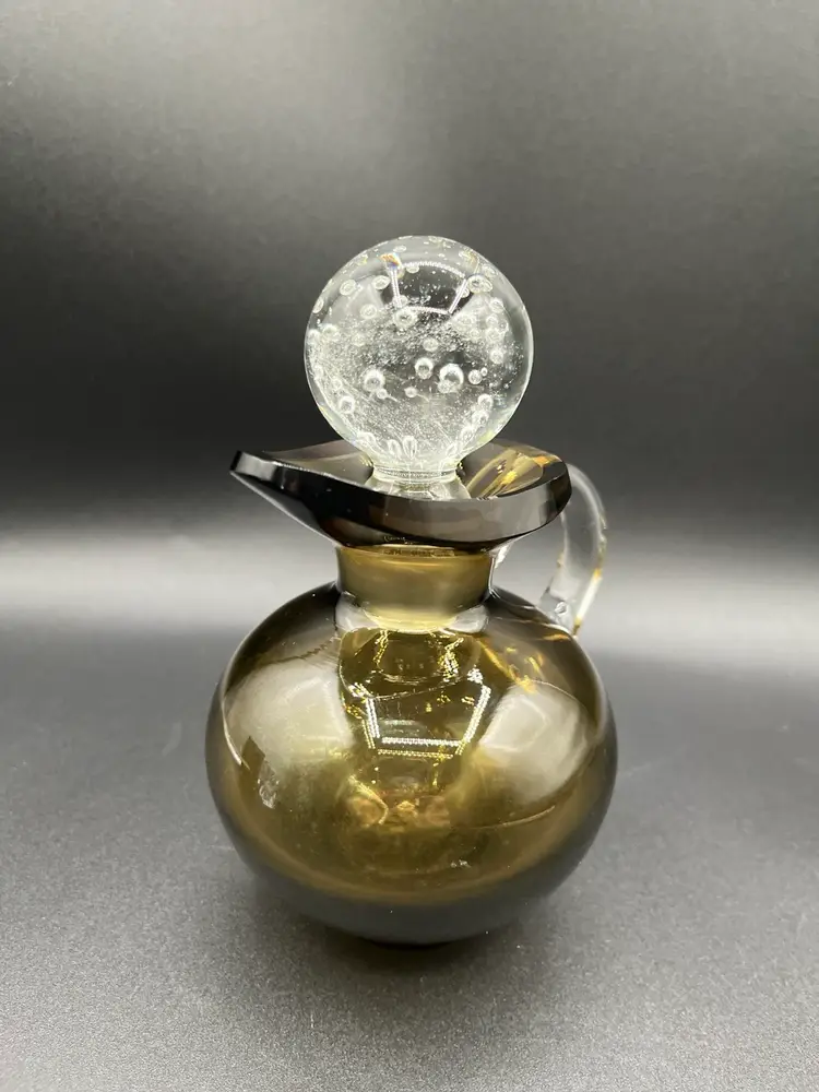 Smoky Topaz Olive Green Art Glass Cruet With Ball Stopper 5.5”