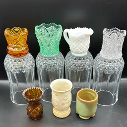 7 Vintage Toothpick Holders EAPG, Hon Kong, Westmoreland, Imperial , Frankoma And Belleek