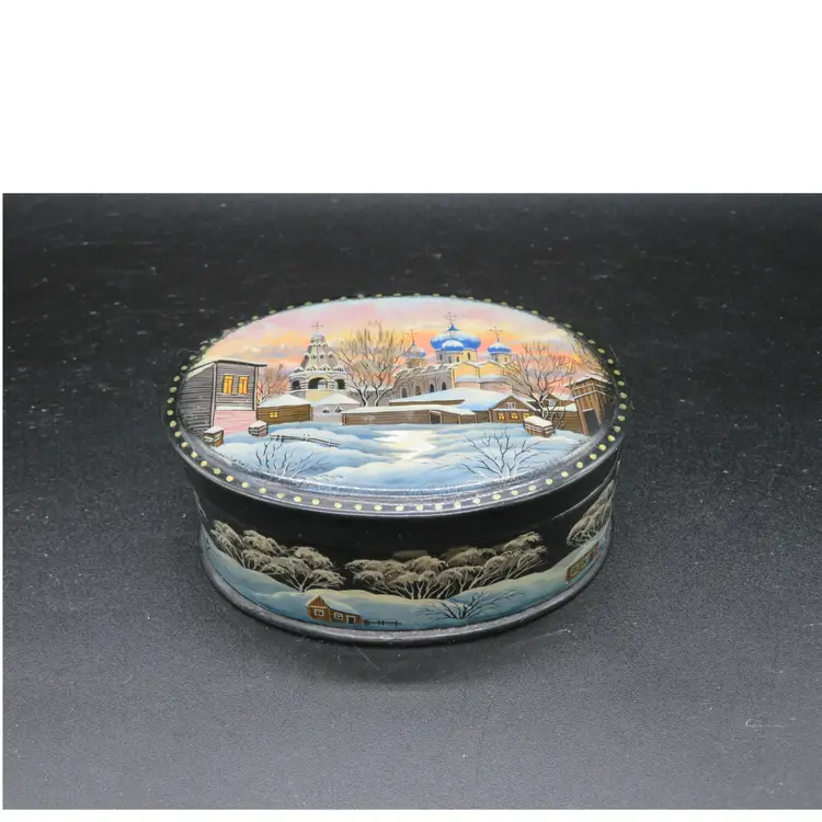 Vintage small Russian Lacquer Box with Winter Scene Orthodox Church