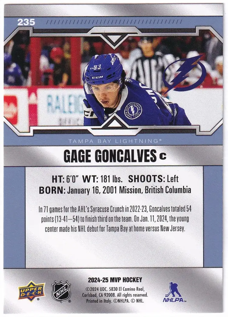 2024-25 Upper Deck MVP #235 Gage Goncalves SP RC Tampa Bay Lightning Hockey Card