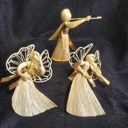 Vintage Corn Husk Angel Ornaments – Set of 3 Handmade Straw Angels w/ Gold Accents (4–5")