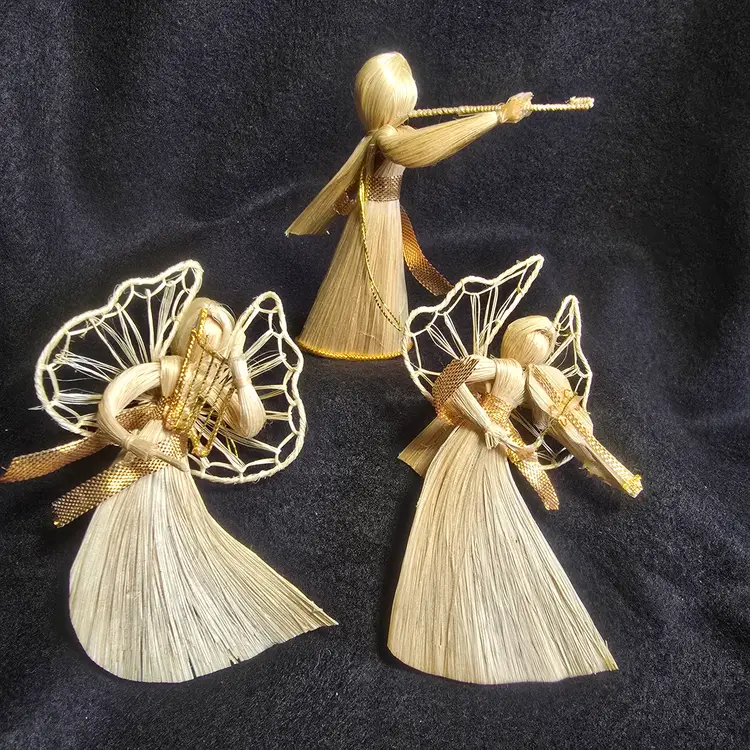 Vintage Corn Husk Angel Ornaments – Set of 3 Handmade Straw Angels w/ Gold Accents (4–5")