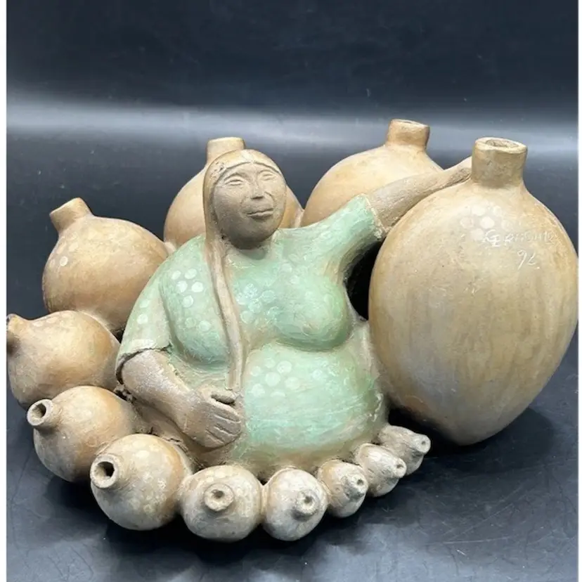 Chulucanas Peru Folk Art Seatted Lady Pottery Clay Figurine