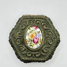 Vintage Silvertone Victorian Floral Cameo Trinket Box Lidded, Made in Japan