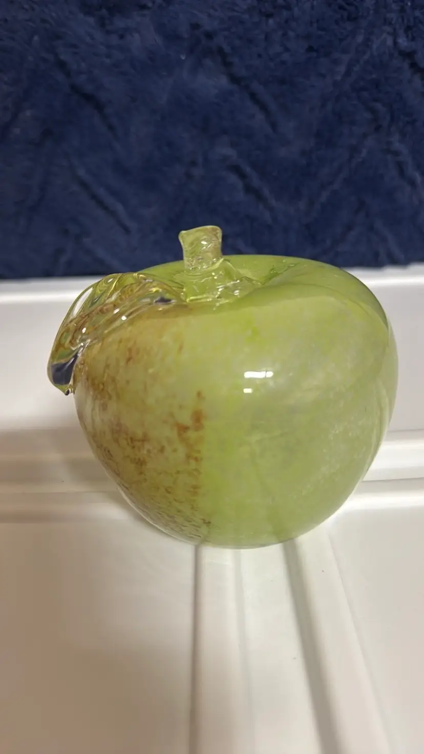 Apple hand blown art glass green and brown specks 3.75” diameter