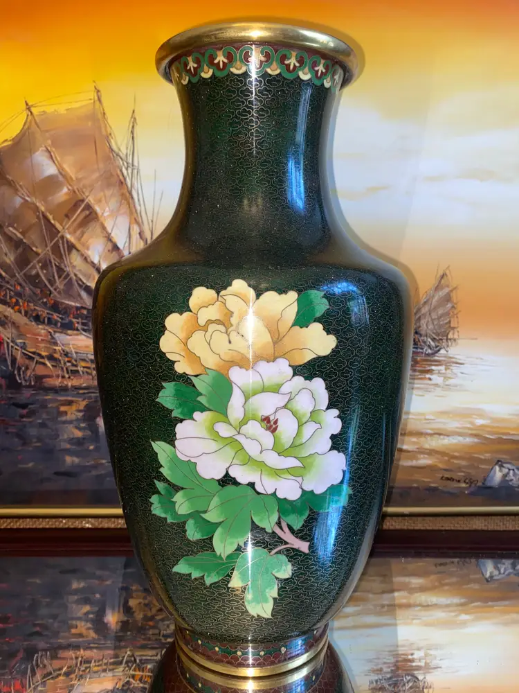 Vintage Large Chinese Cloisonné Jingfa Floral Patterned Brass Enameled Vase