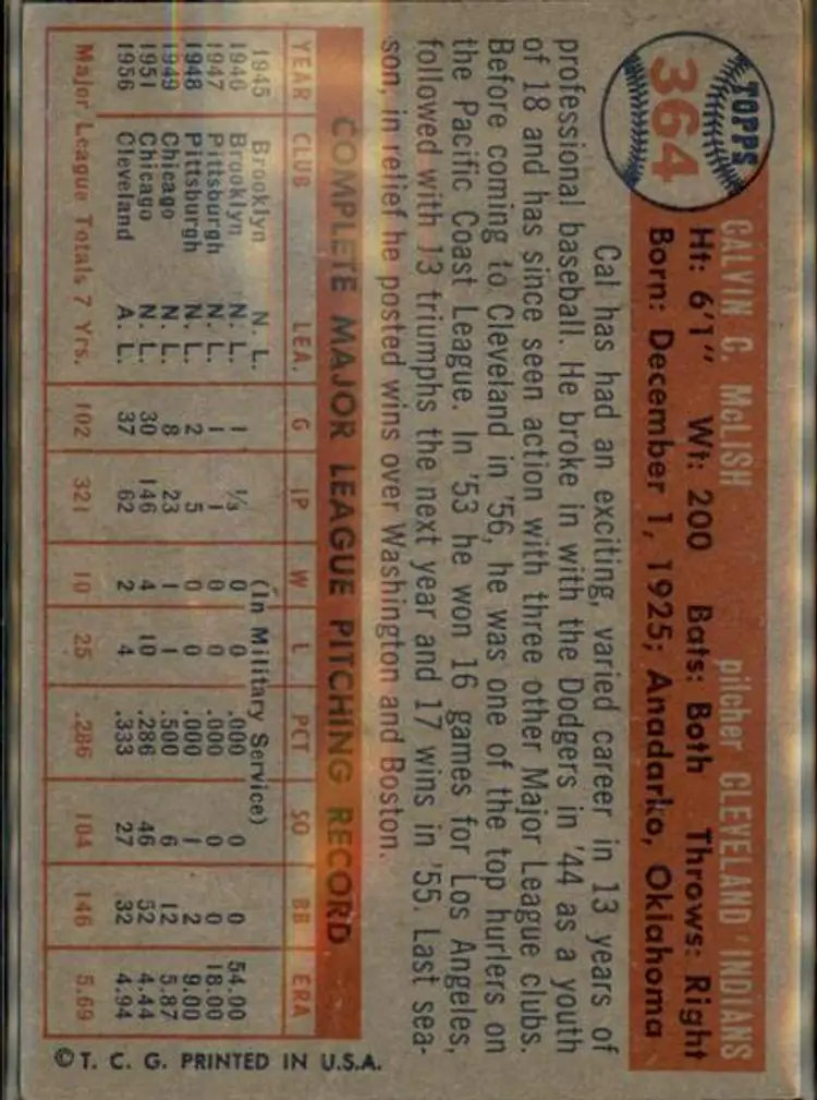 1957 Topps #364 Cal McLish - ( pk1 ) - Cleveland Indians