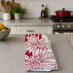 Vintage Red Floral Tablecloth -  48"x48" Bold Mid Century Kitchen Linen - Retro White and Crimson