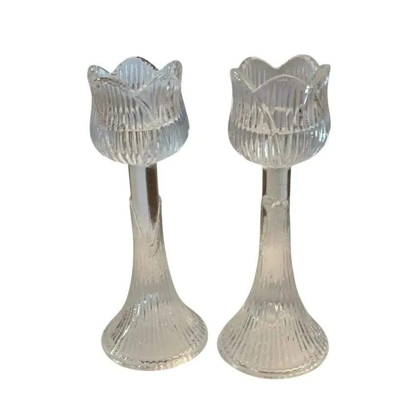 Glass Tulip Shaped Candlestick Holders Set Of 2