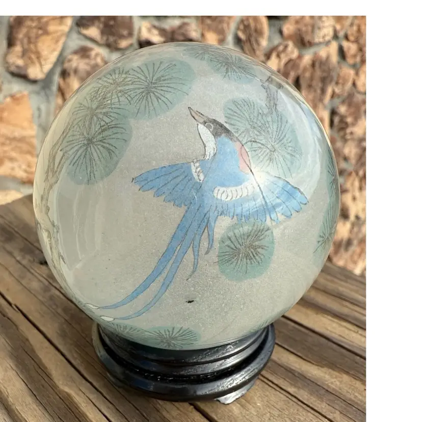 Large  Chinese InsidePainted Glass Art Sphere  Avian & Pine Motif