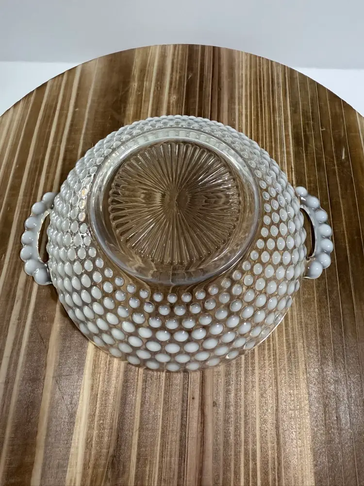 6 inch Moonstone Opalescent Hobnail Candy Dish with Handles - More Likely Anchor Hocking than Fenton