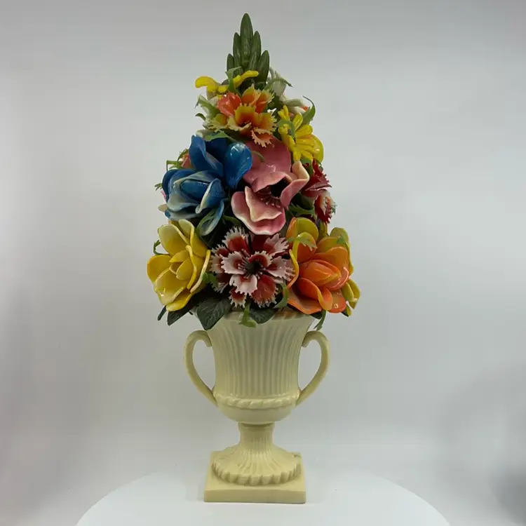 Kitsch 1960s Plastic Flower Arrangement Double Handled Urn 13”