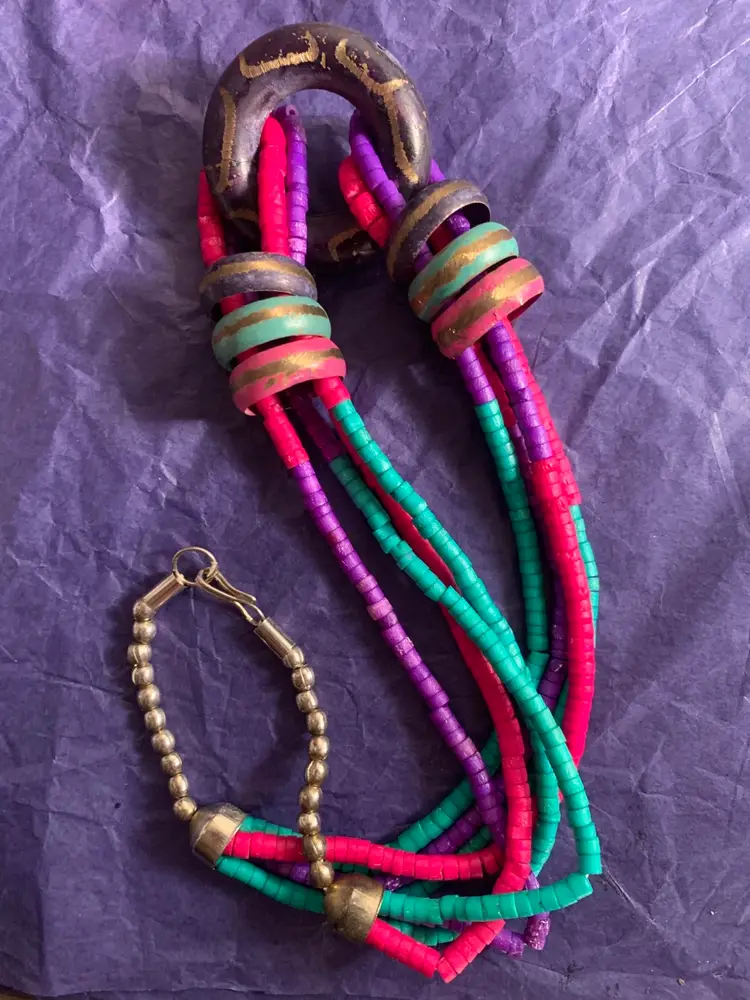 Vintage Boho Beaded Neon Statement Necklace Wooden Metal Enamel Pink Blue Purple Retro 