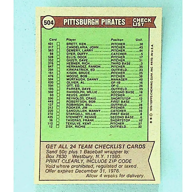 1976 Topps Pittsburgh Pirates Team #504 Baseball Card