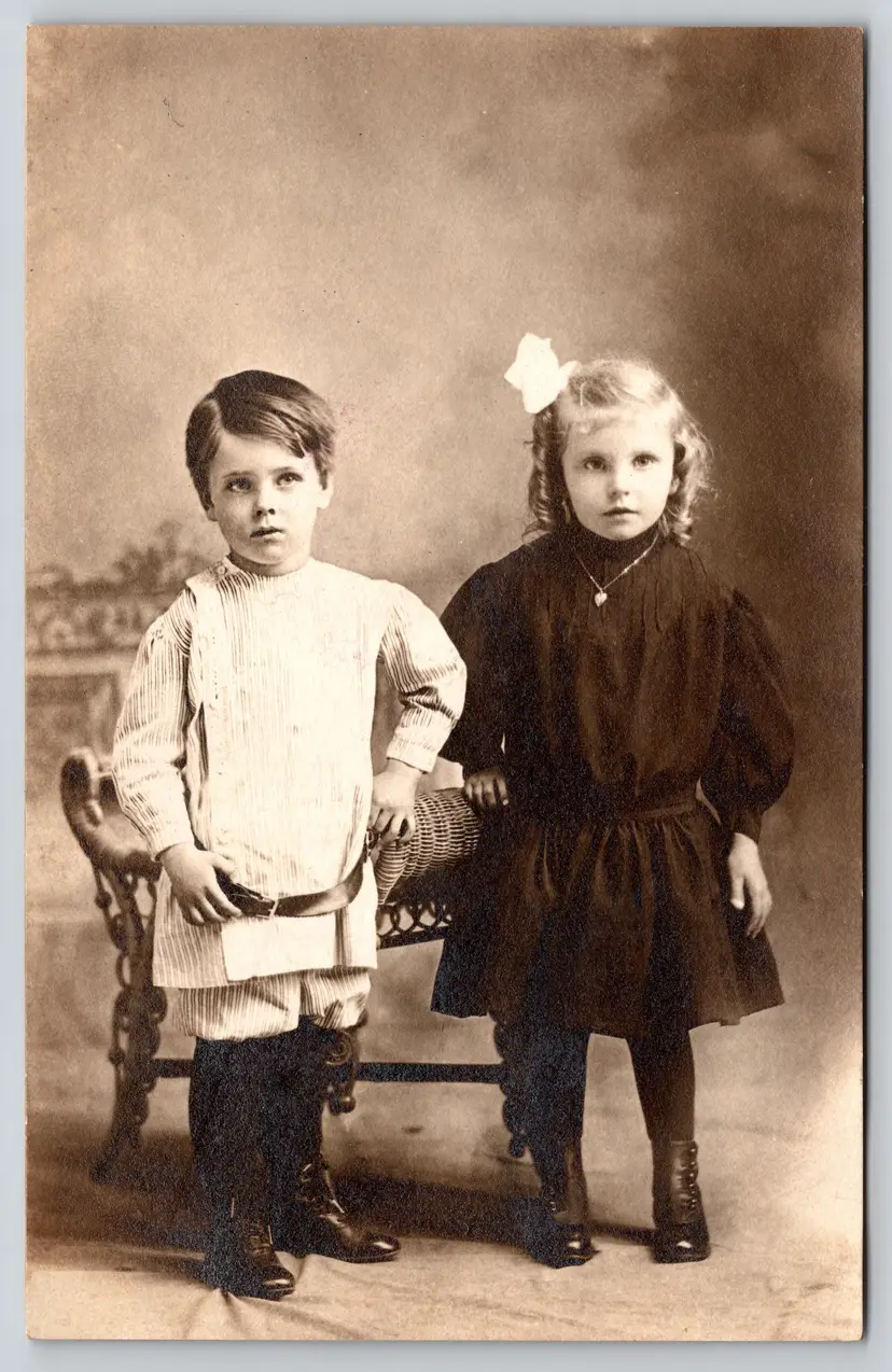 Postcard RPPC Brother and Sister Real Photo Blonde Girl with Heart Locket Children - 9176