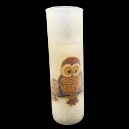 #242B Vintage Sugar Frosted/Textured Glass Pillar Candle Holder With A Whimsical Owl Family On Branches Design Circa 1970’s