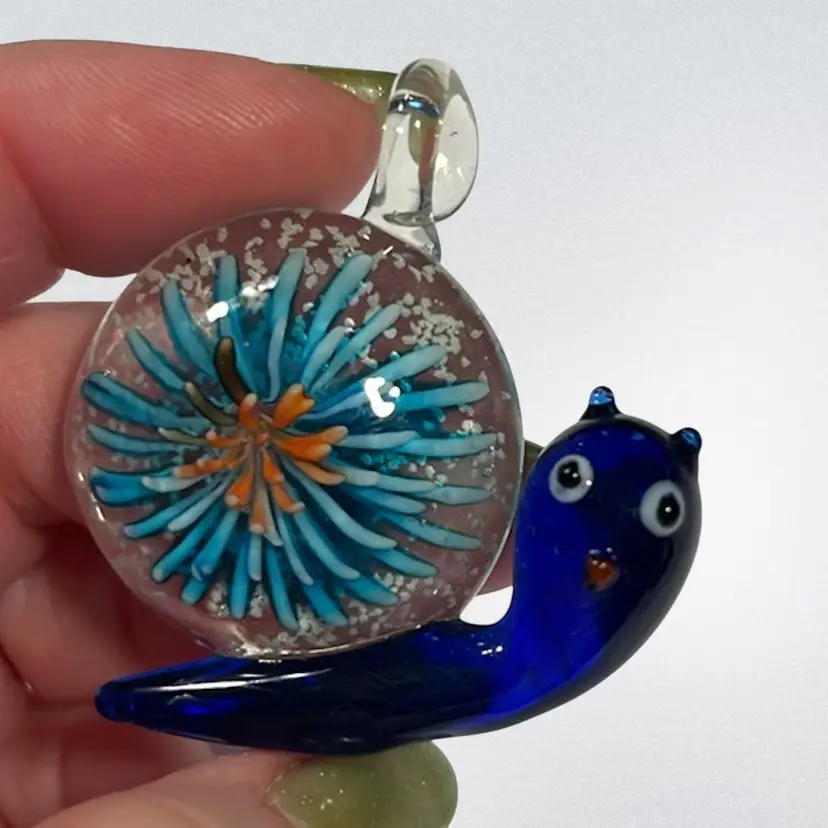 Aqua Burst Floral Glass Snail Handblown  Pendant | 1.75”