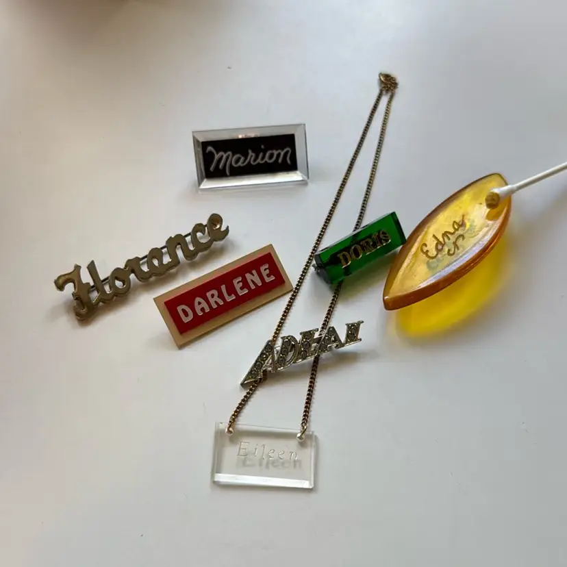 Vintage WWII Era Name Tag Brooch Lot Including Apple Juice Bakelite Brooch & Lucite