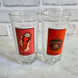 Dona Maria Crisa Limited Edition Loteria Glasses #52 La Lola & #57 La Chancla