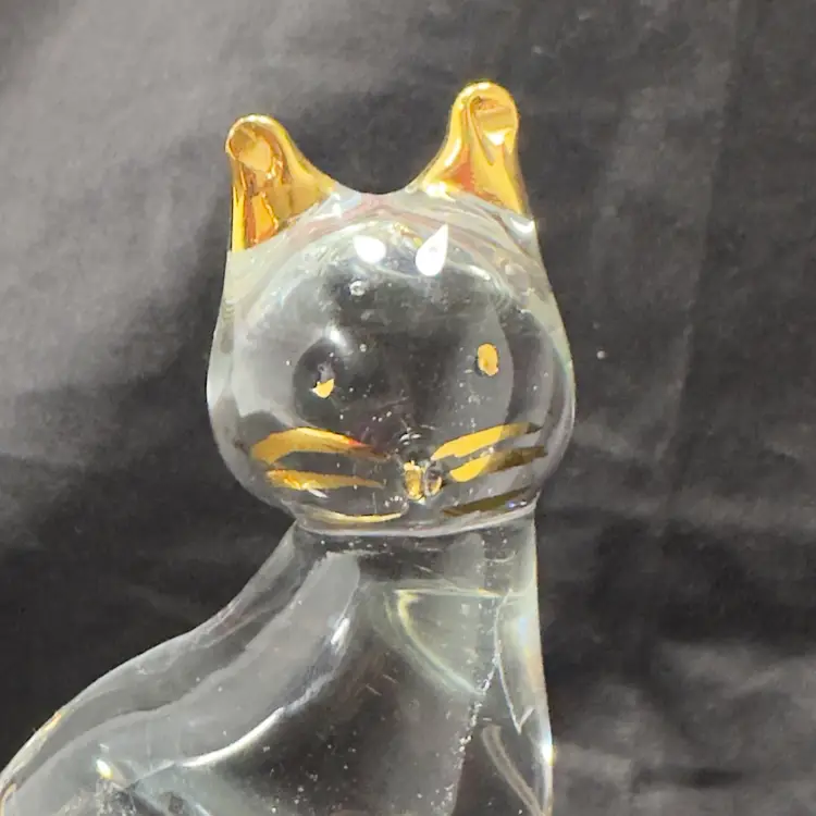 #1765 Vintage Art Glass Cat Kitten Figurine Painted In Gold 5.5” Accents Animal Clear