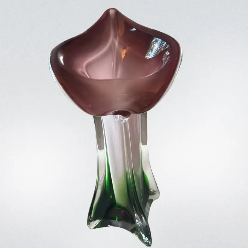 Jack in the Pulpit Vase - Cased Ribbed Swirled Green Purple White 7 1/2”