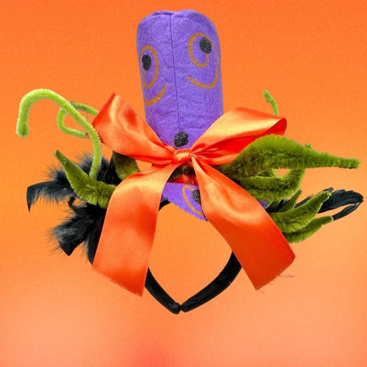 Halloween Whimsical Octopus 🐙 Headband Hat. Fabulous Purple Orange Green Colors With Feathers & Ribbons.