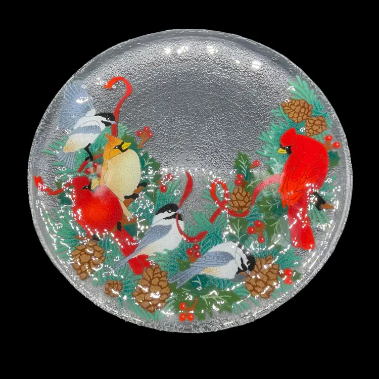 Peggy Karr Glass 14” Holly Platter Christmas Pinecones Cardinals Chickadees VTG