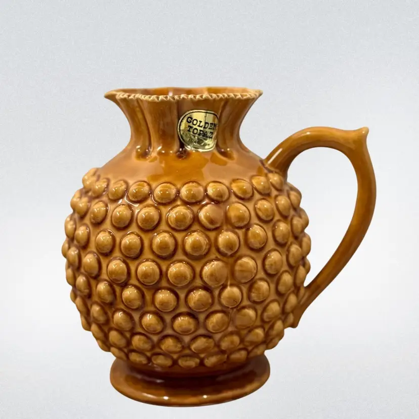 Golden Topaz Hobnail Ceramic Pitcher/Vase Inarco Japan E-2894 with Label