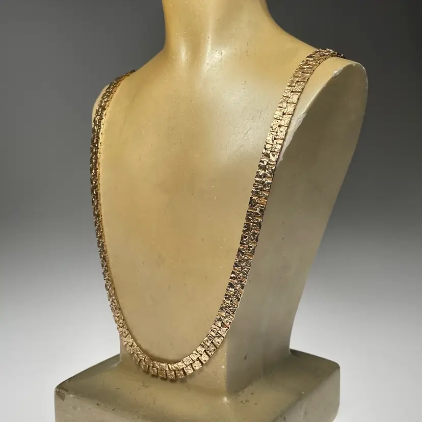 Gold Plate GP Necklace Textured Nugget Link Flat Chain Classy Vintage 24.25”