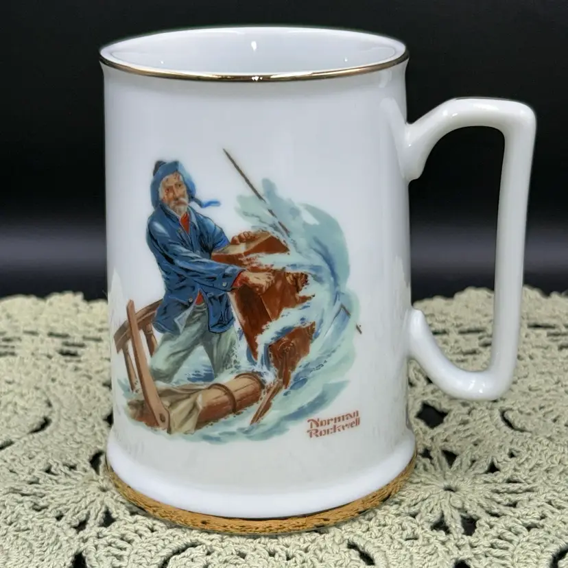 Vintage Porcelain With Gold Trim Tankard “Braving The Storm” By Norman Rockwell