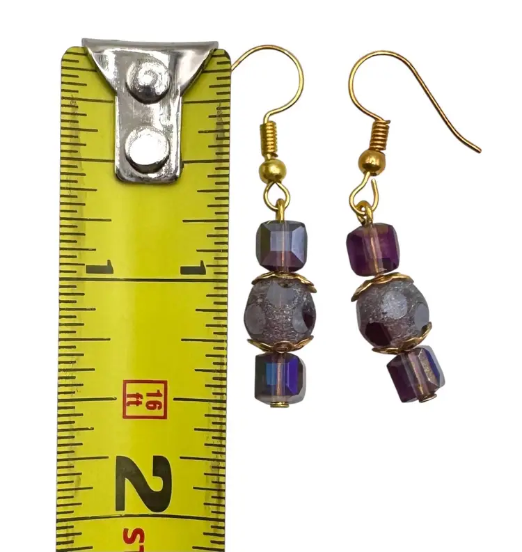 Crystal Glass Dangle Earrings Amethyst Purple Faceted Gold Tone 1.5”