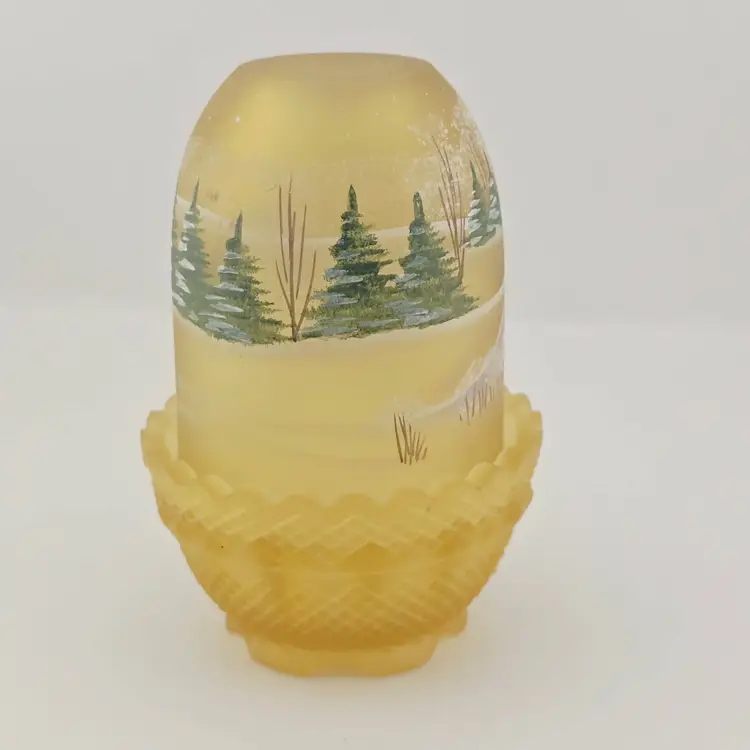 Fenton Signed Hand-Painted Star of Wonder Amber Satin Glass Fairy Lamp