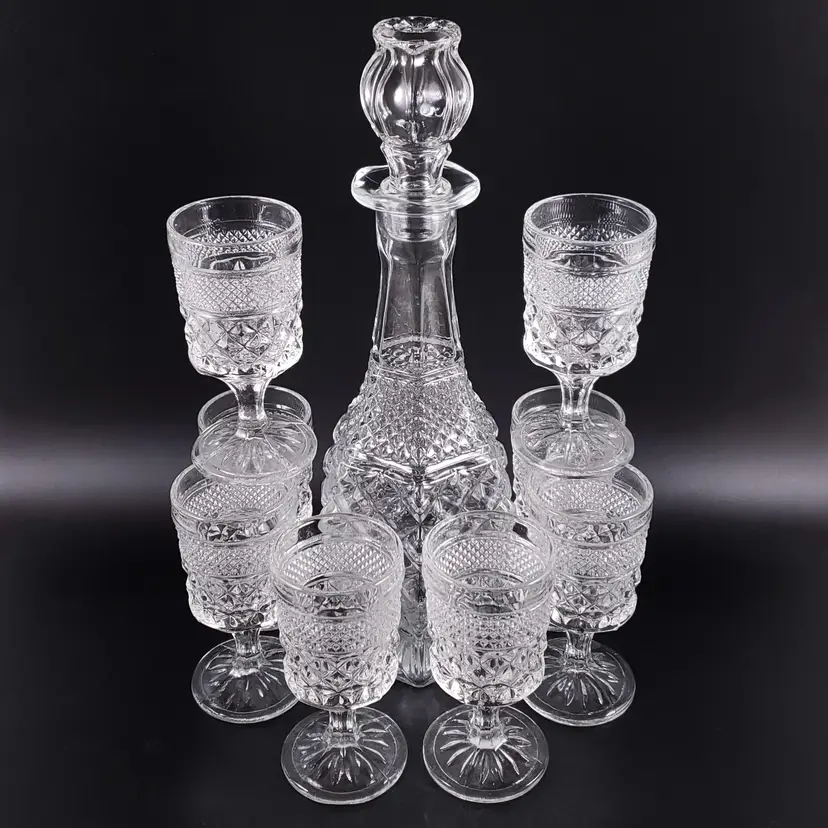 Vintage ANCHOR HOCKING Clear WEXFORD DECANTER Wine Water GLASS SET Original Box