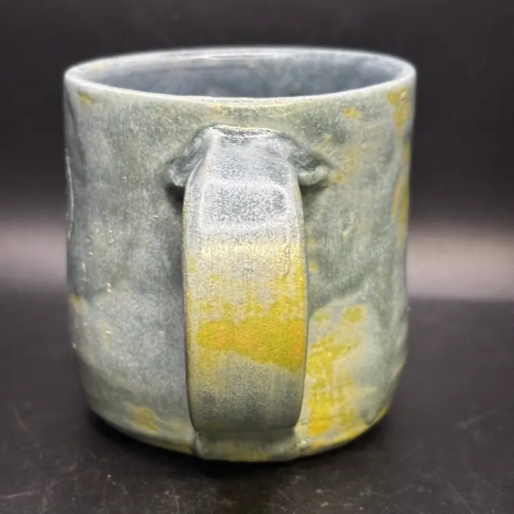 Studio Pottery Chicken Blue & Yellow Glazed Mug 3”x4.5”