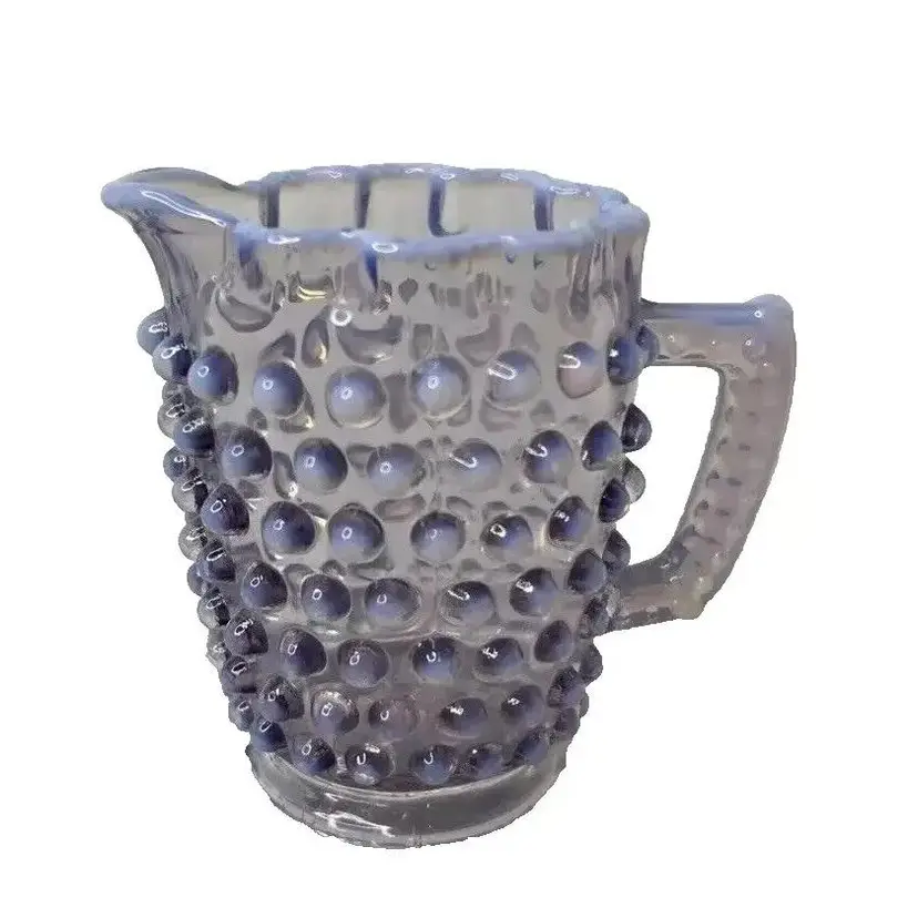 Vintage Blue Opalescent Hobnail Mini Pitcher Creamer Ruffled Rim UV Reactive